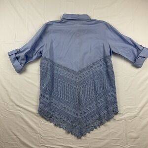 Collections Etc Women's Blue Button Down Blouse Size L Lace Hem Tunic Shirt Boho